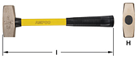 A blacksmith's sledge hammer with a yellow fiberglass handle and black grip is shown horizontally. The head and neck of the sledgehammer are marked with "AMPCO," is bronze metal and rectangular on both ends. Total length of the sledgehammer is indicated b